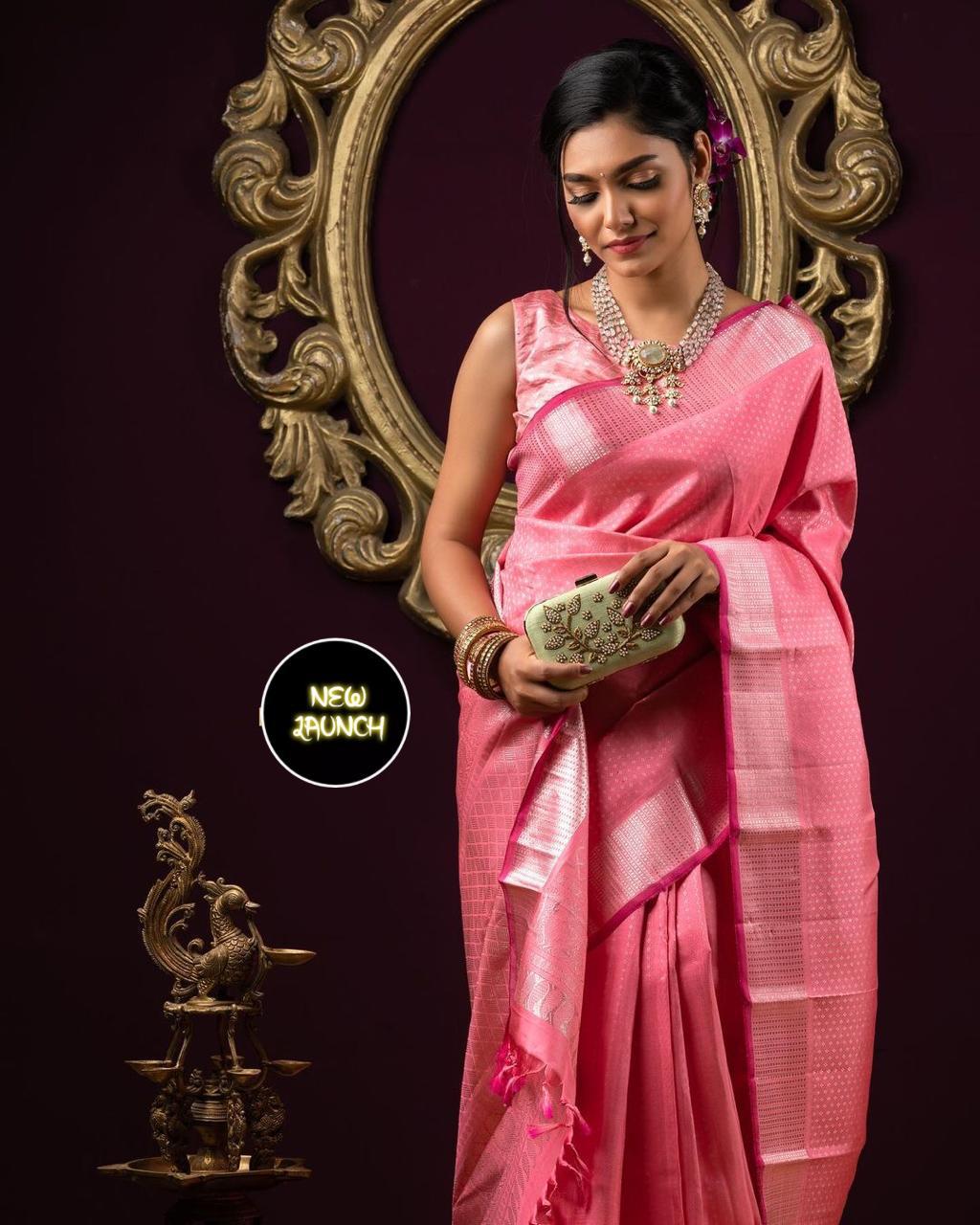 Prettified Pink Kanjivaram Silk Saree With Elegant Blouse Piece