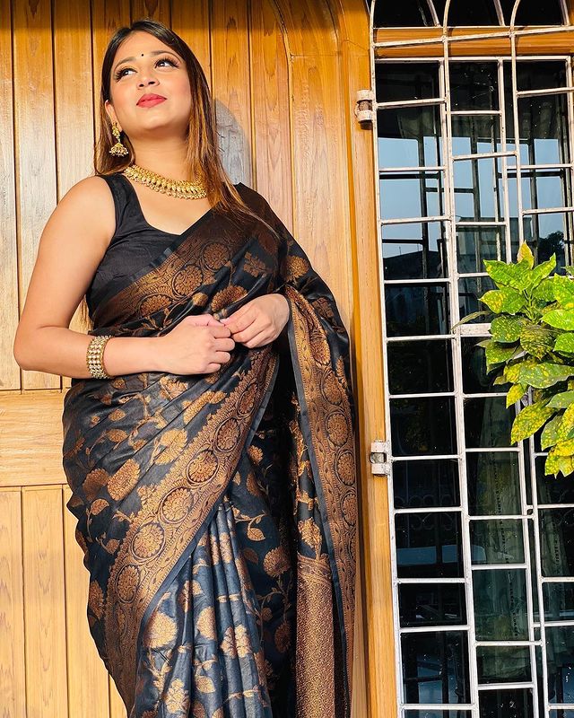 Rhythmic Black Banarasi Silk Saree With Silvery Blouse Piece