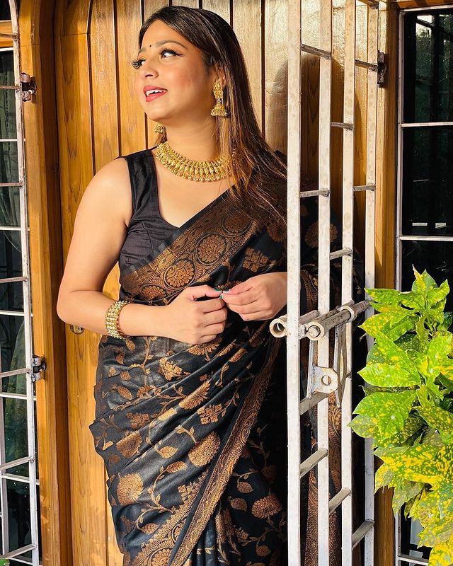 Rhythmic Black Banarasi Silk Saree With Silvery Blouse Piece