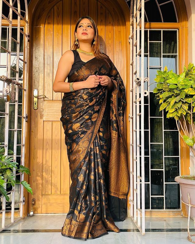 Rhythmic Black Banarasi Silk Saree With Silvery Blouse Piece