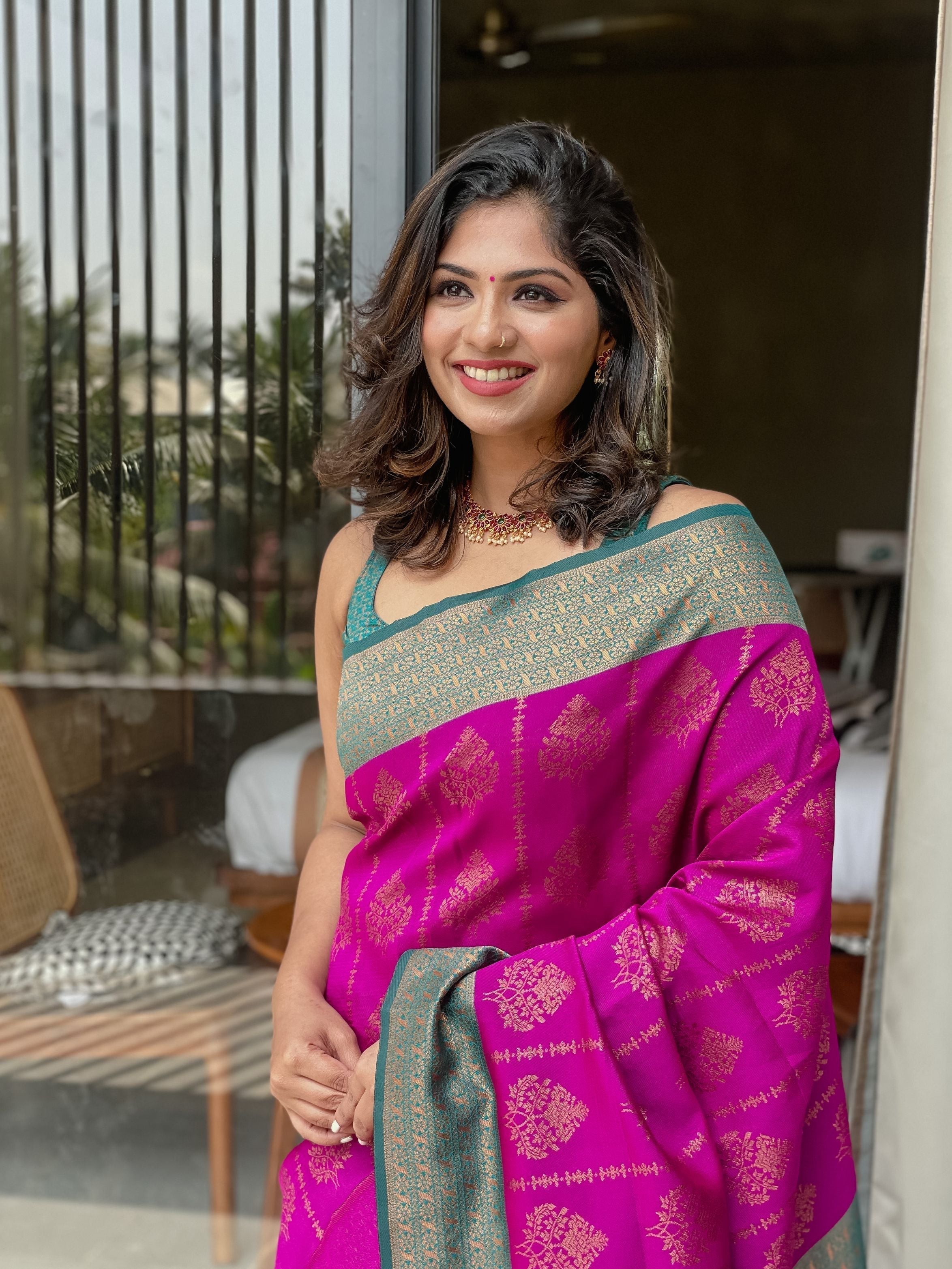 Woebegone Purple Banarasi Silk Saree With Soporific Blouse Piece