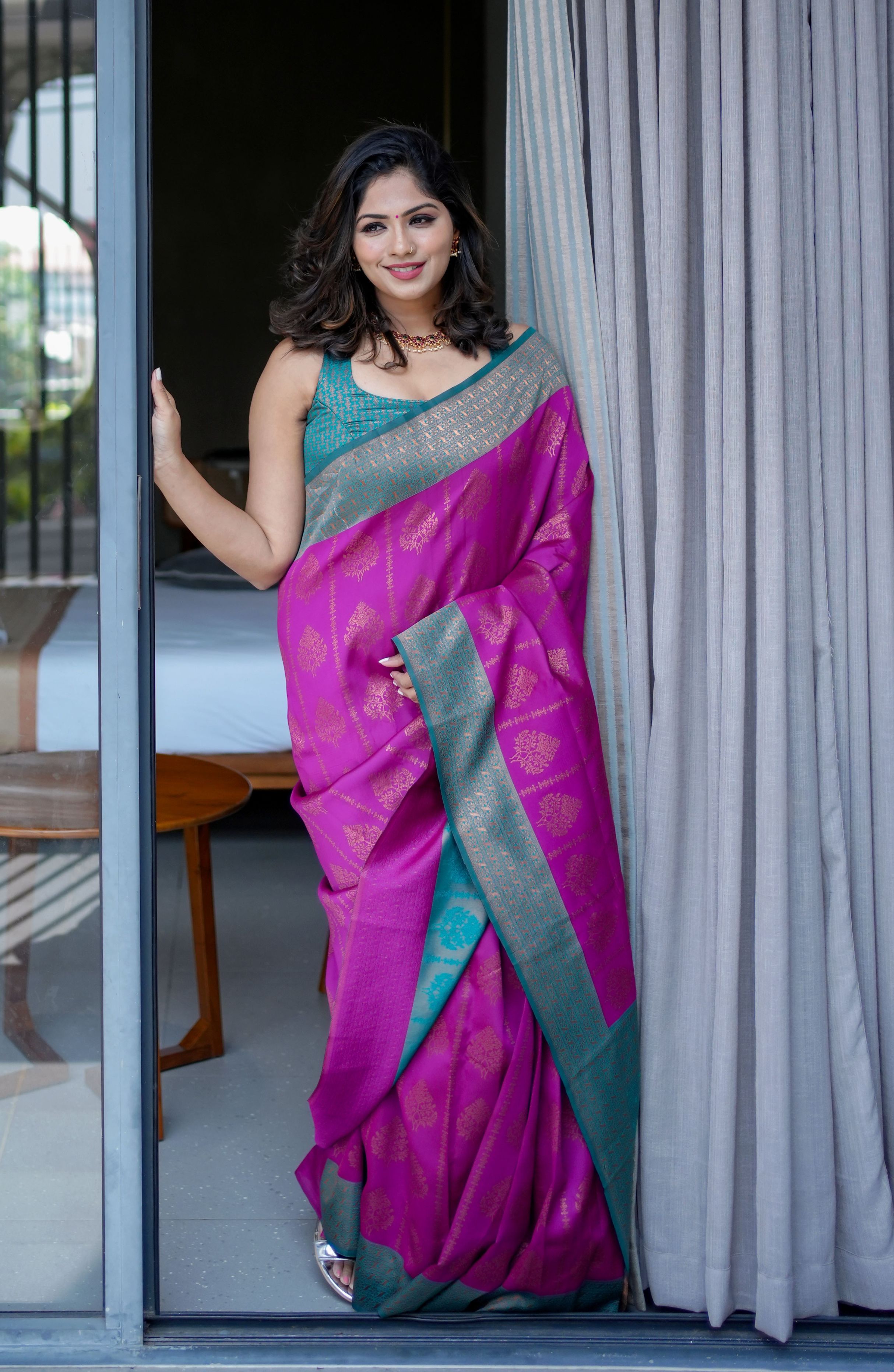 Woebegone Purple Banarasi Silk Saree With Soporific Blouse Piece