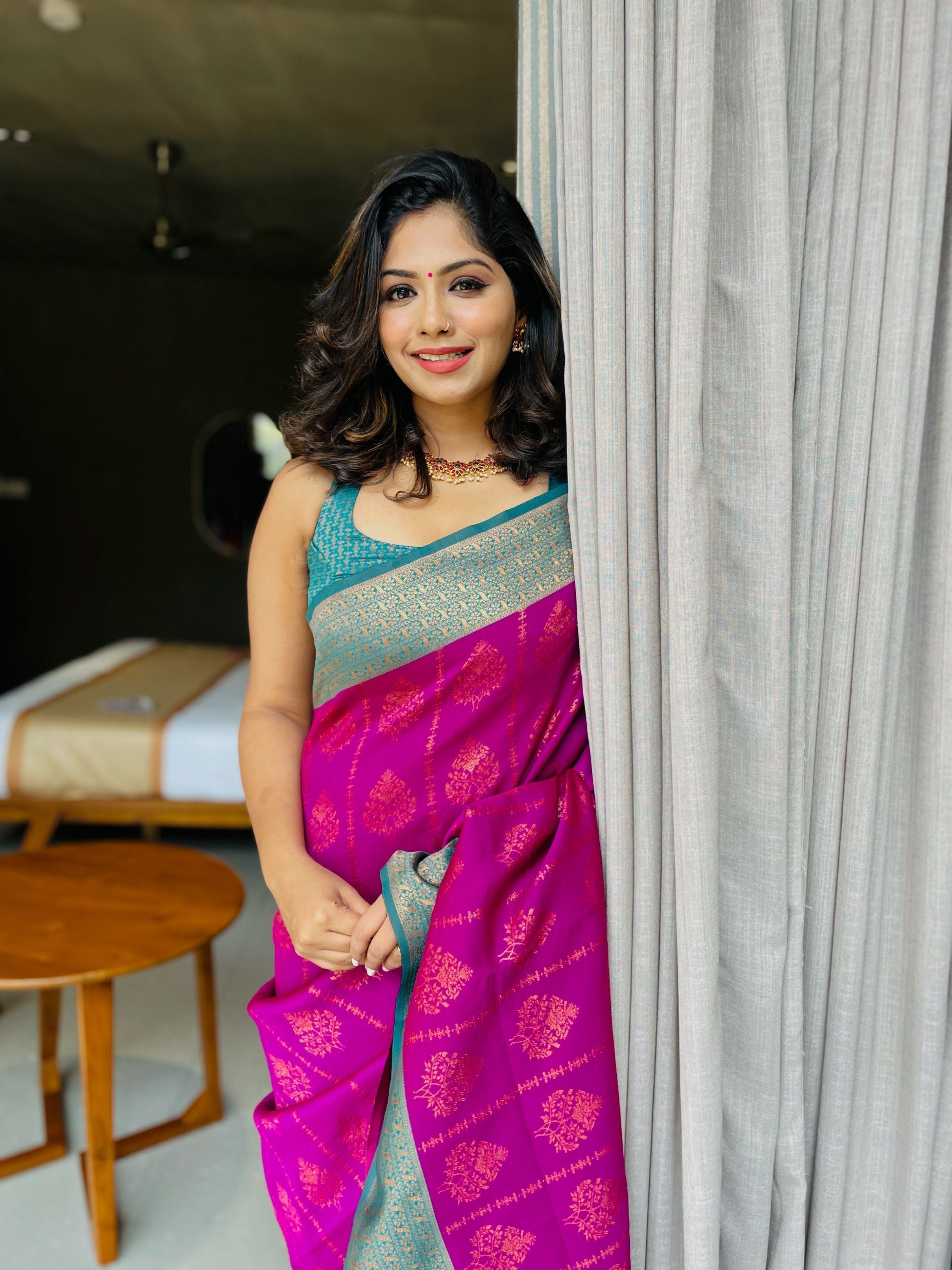 Woebegone Purple Banarasi Silk Saree With Soporific Blouse Piece