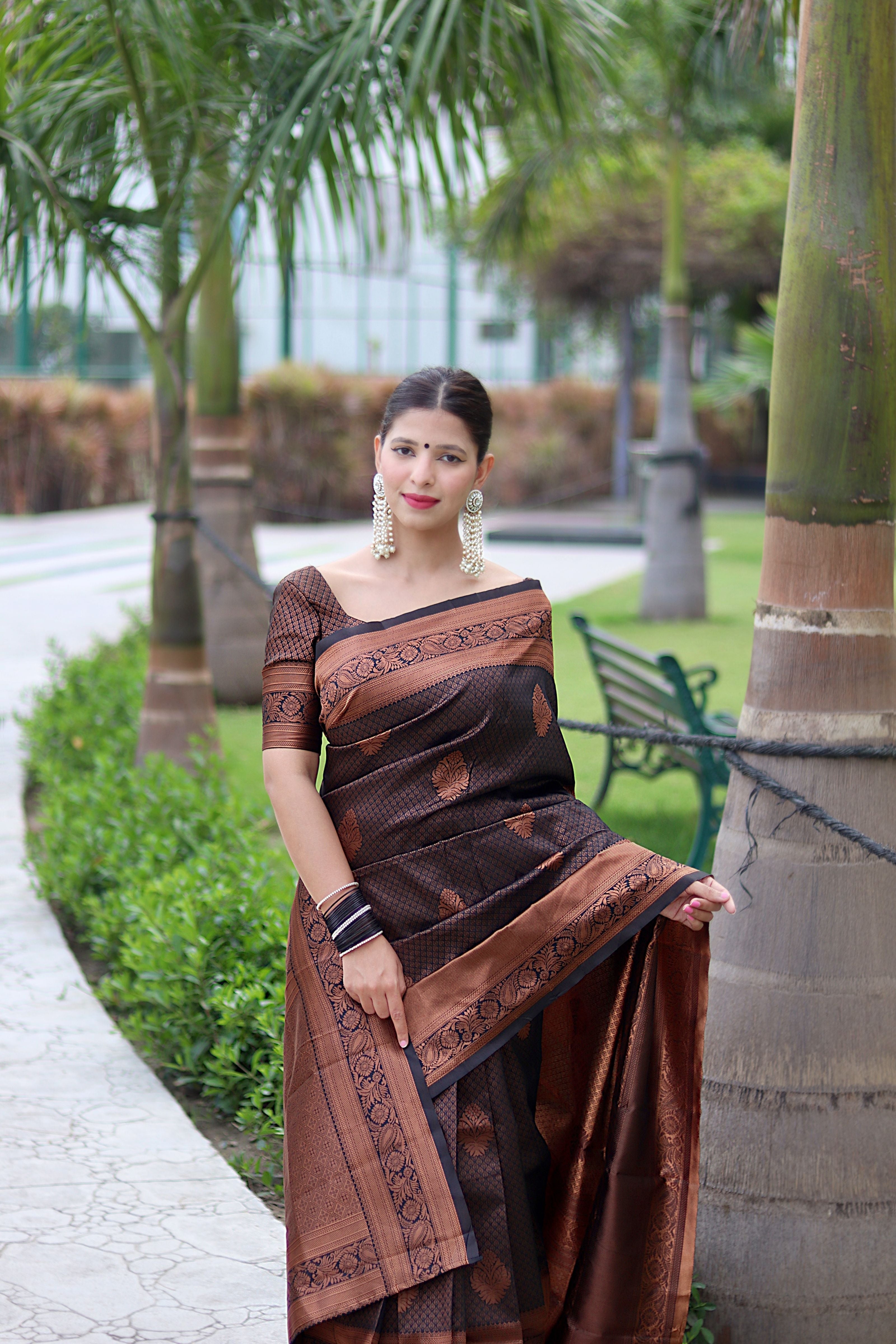 Fascinating Black Banarasi Silk Saree With Winsome Blouse Piece