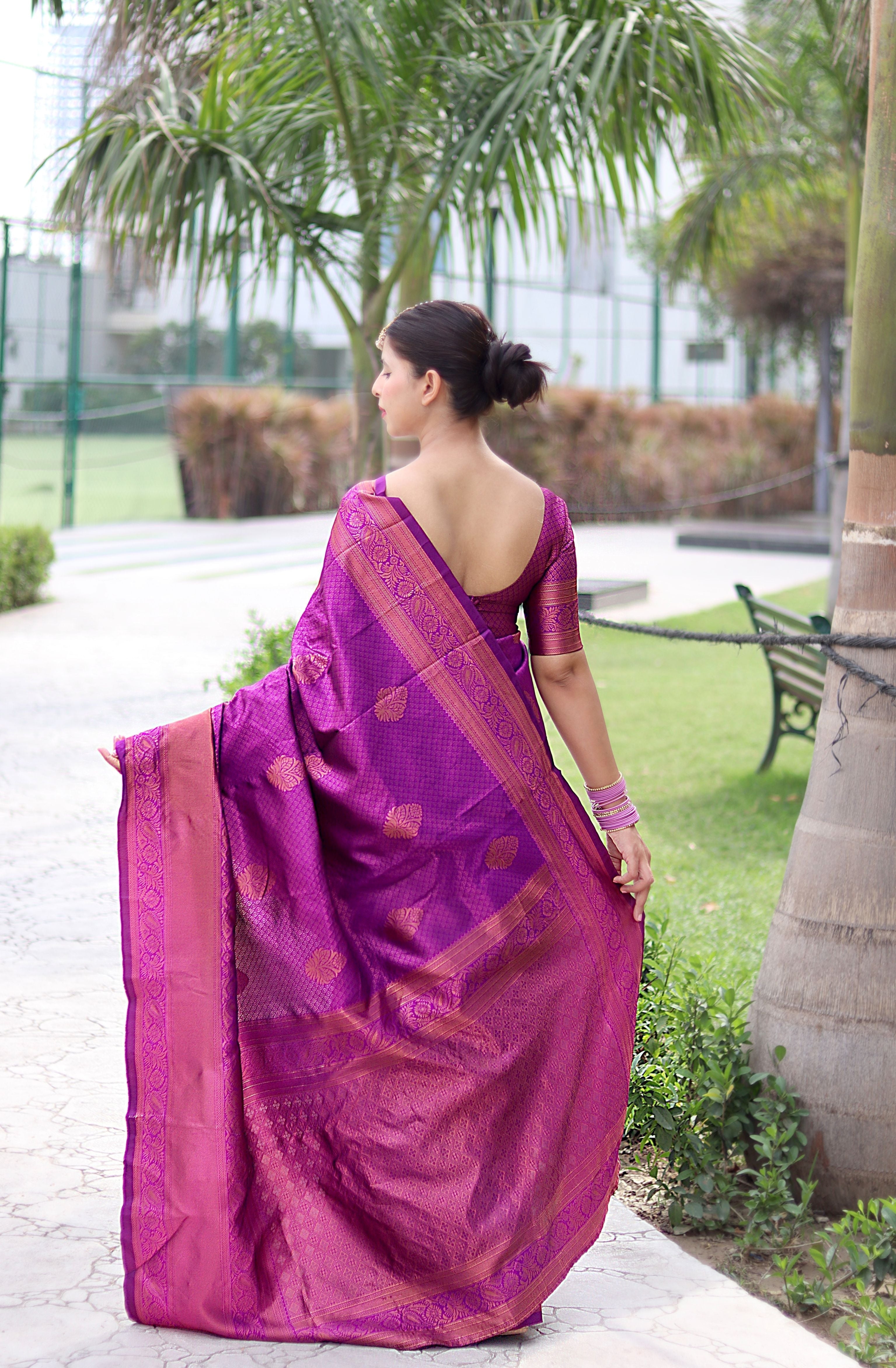 Fascinating Purple Banarasi Silk Saree With Exquisite Blouse Piece