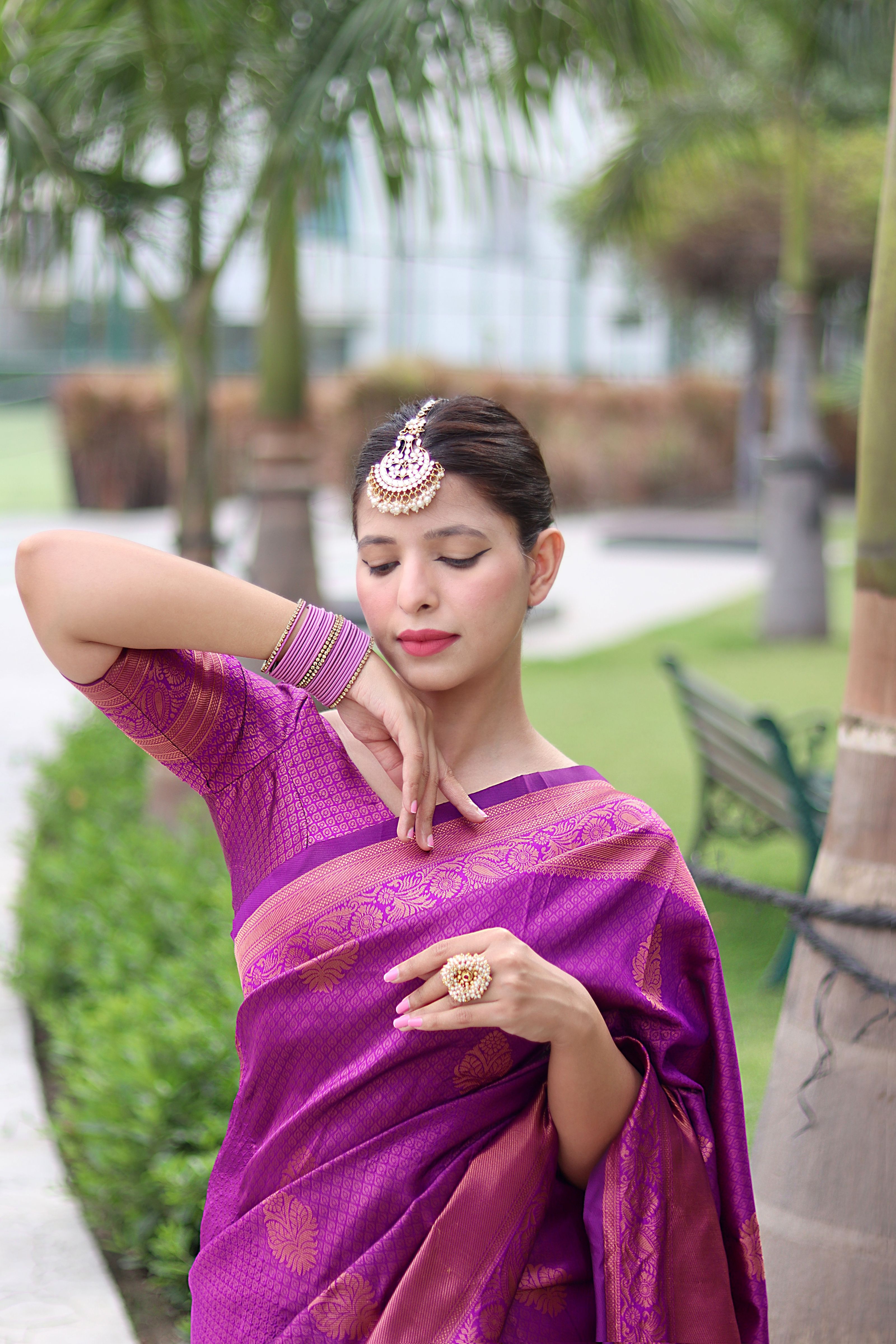 Fascinating Purple Banarasi Silk Saree With Exquisite Blouse Piece