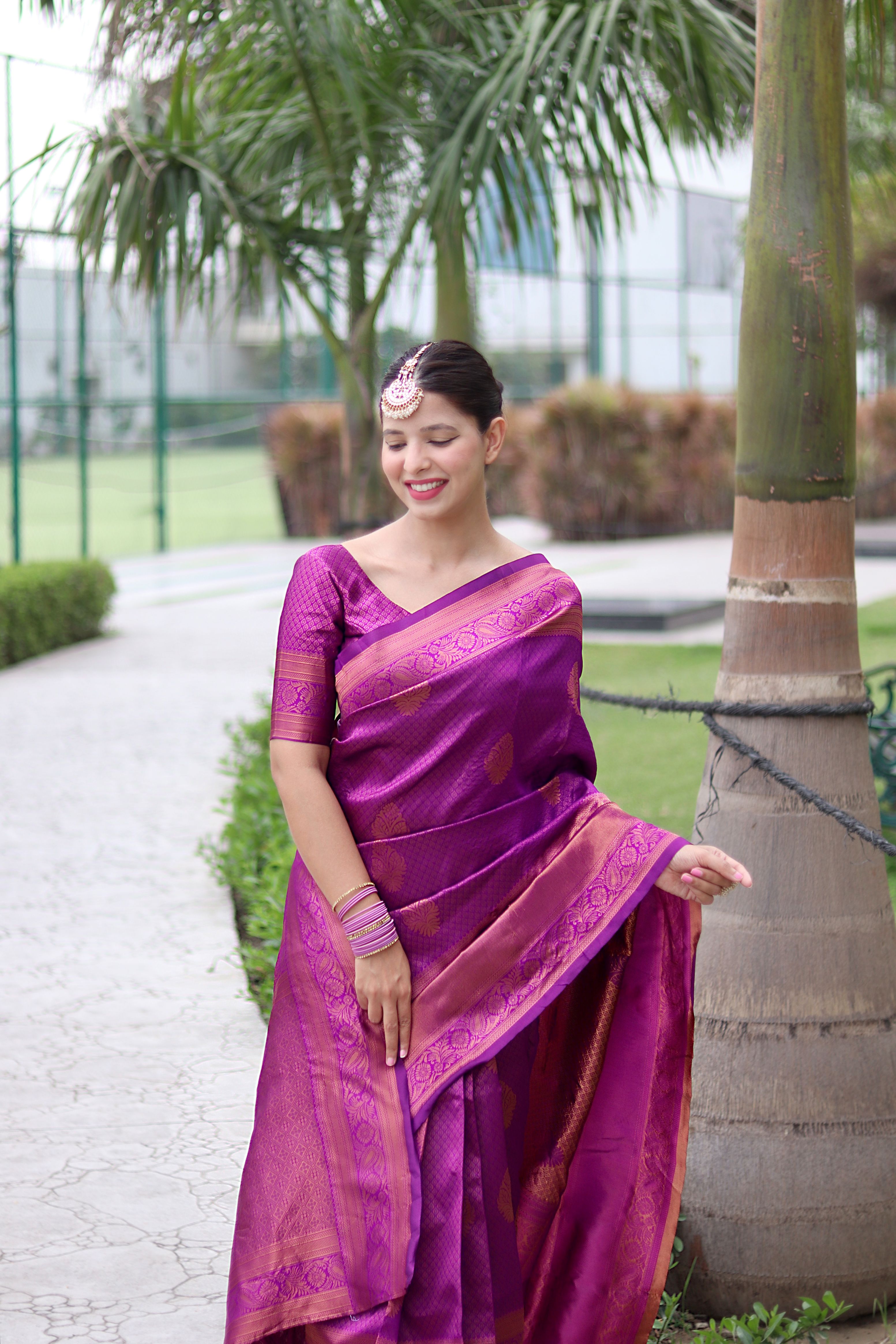 Fascinating Purple Banarasi Silk Saree With Exquisite Blouse Piece