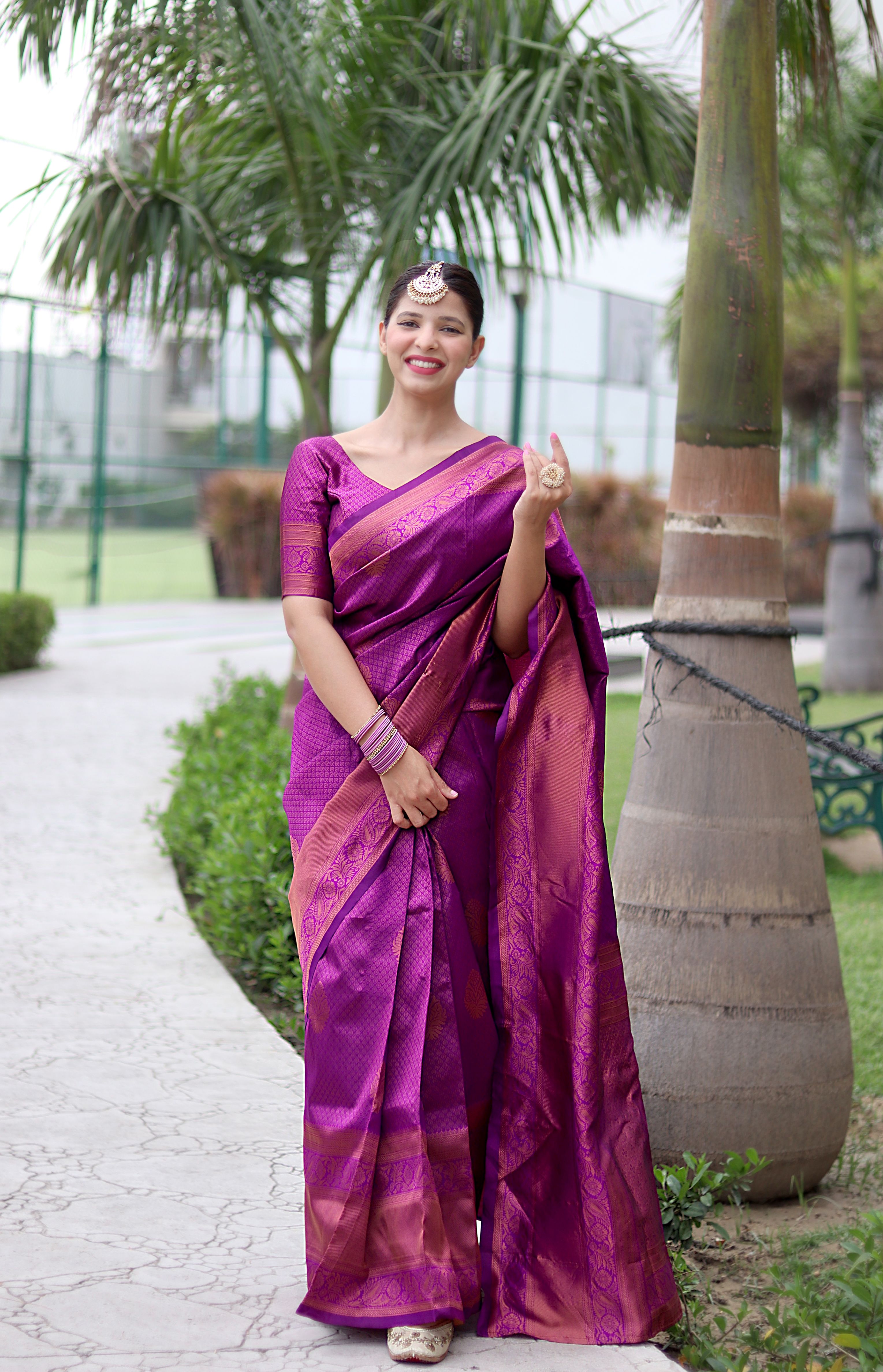 Fascinating Purple Banarasi Silk Saree With Exquisite Blouse Piece