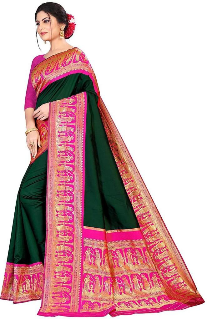 Appealing Green Banarasi Silk Saree With Lassitude Blouse Piece