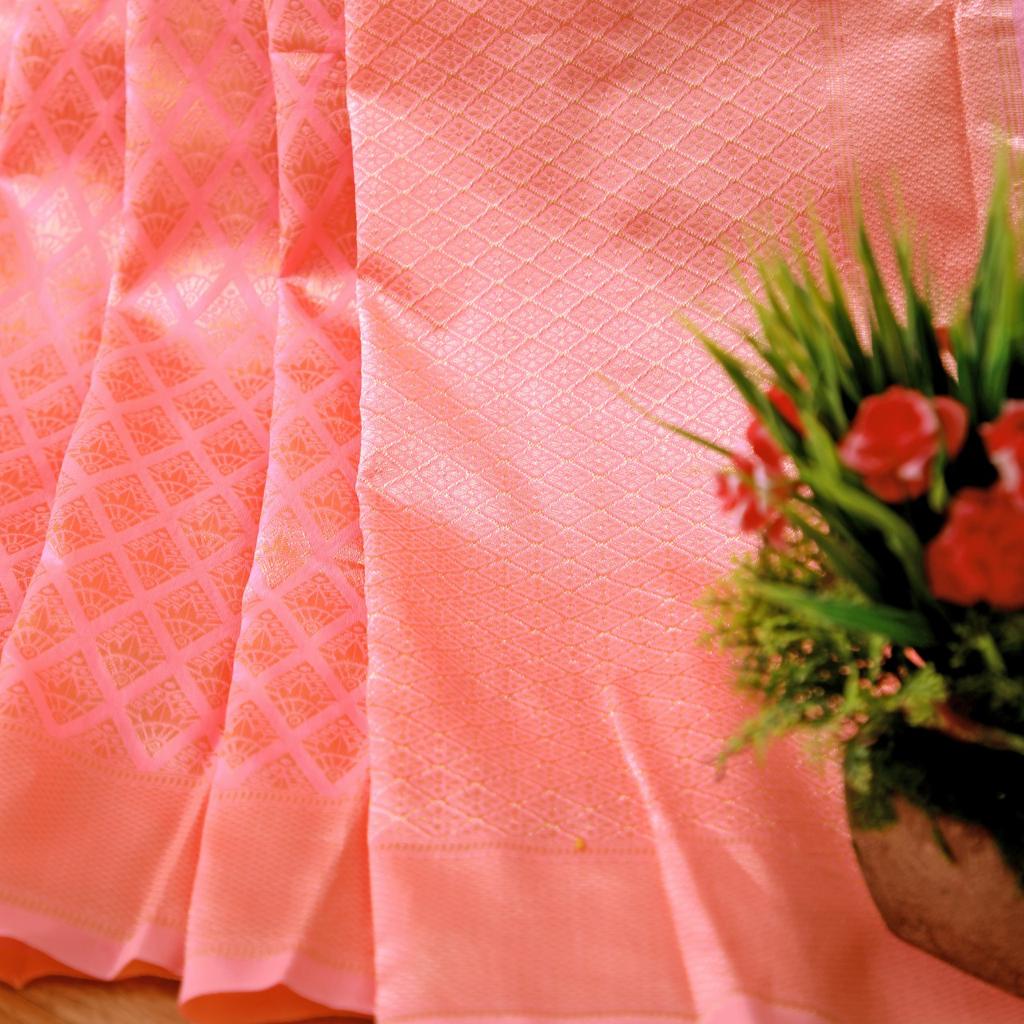 Mesmerizing Peach Banarasi Silk Saree With Gorgeous Blouse Piece