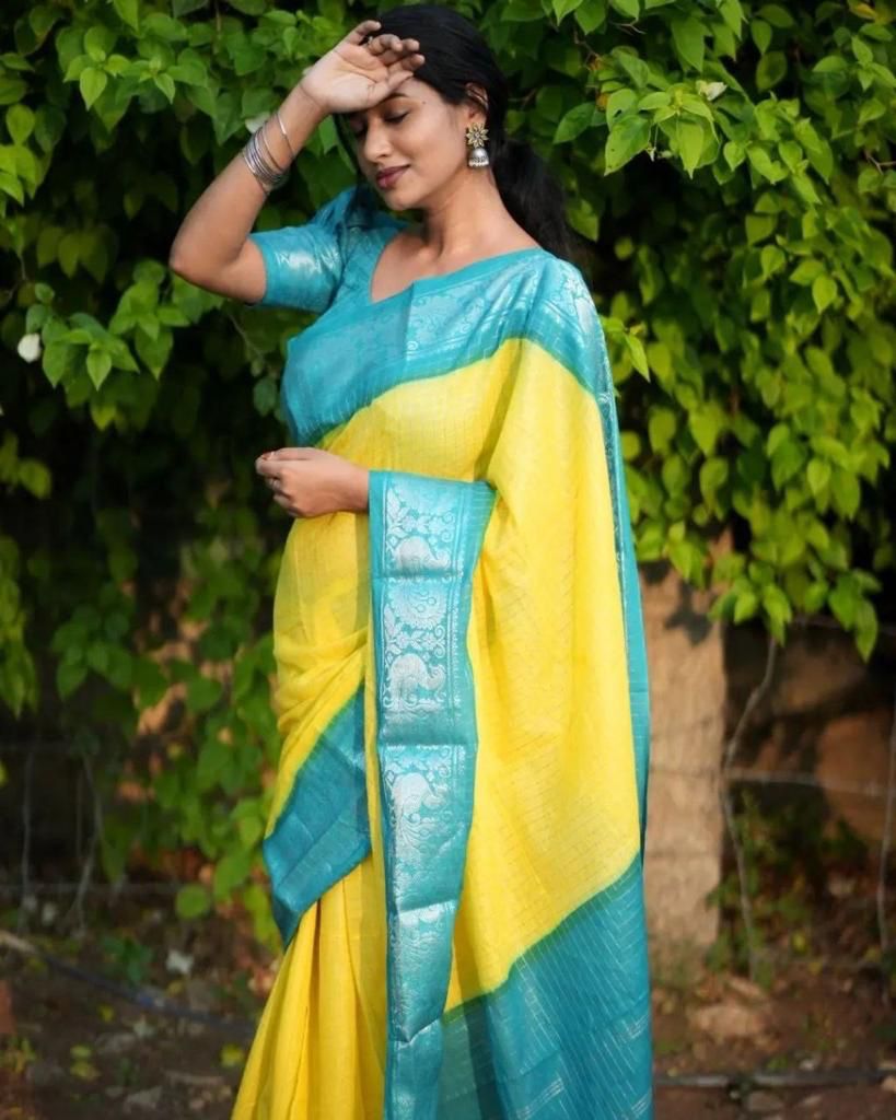 Ebullience Yellow Banarasi Silk Saree With Trendy Blouse Piece