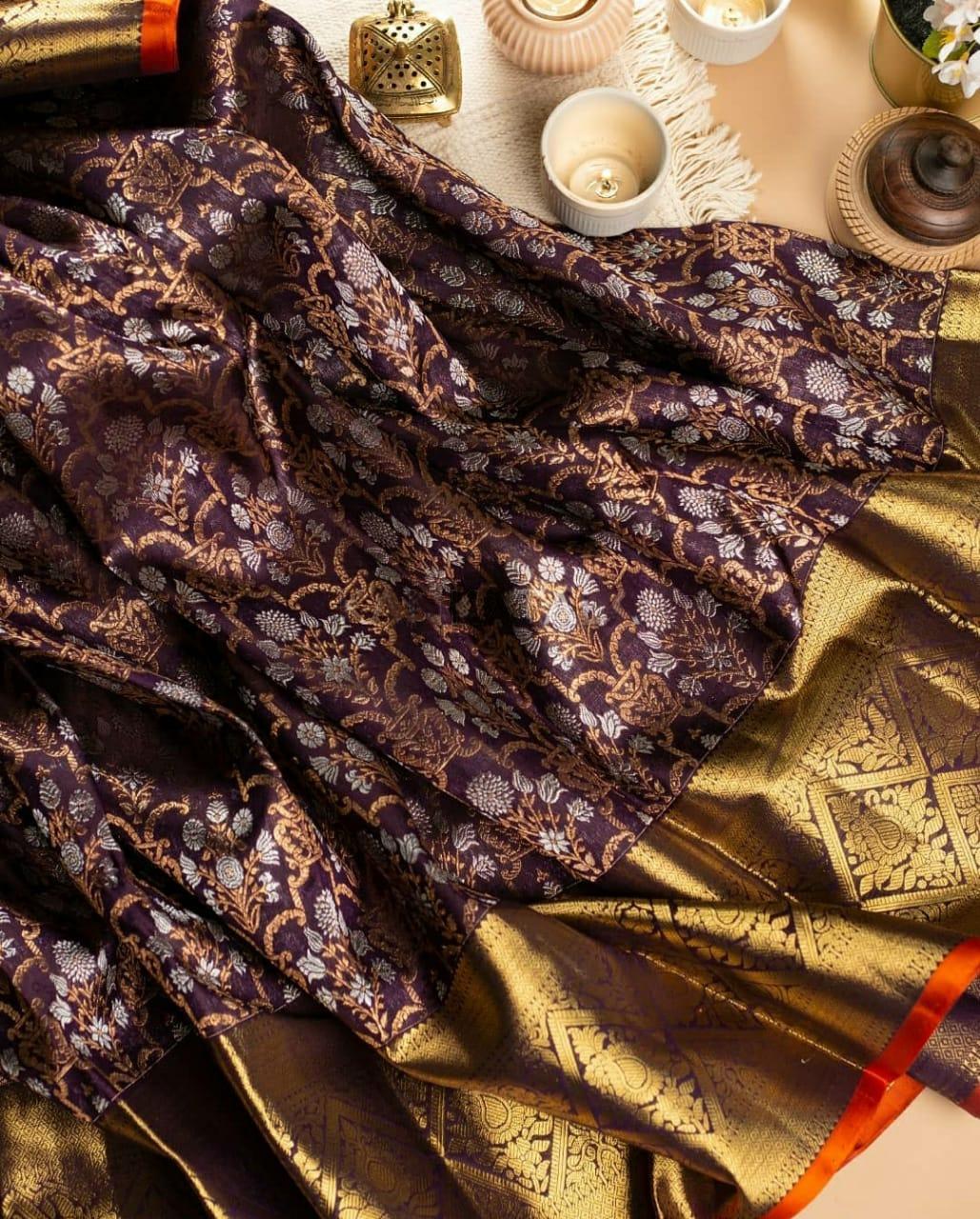 Sophisticated Wine Banarasi Silk Saree With Ethereal Blouse Piece