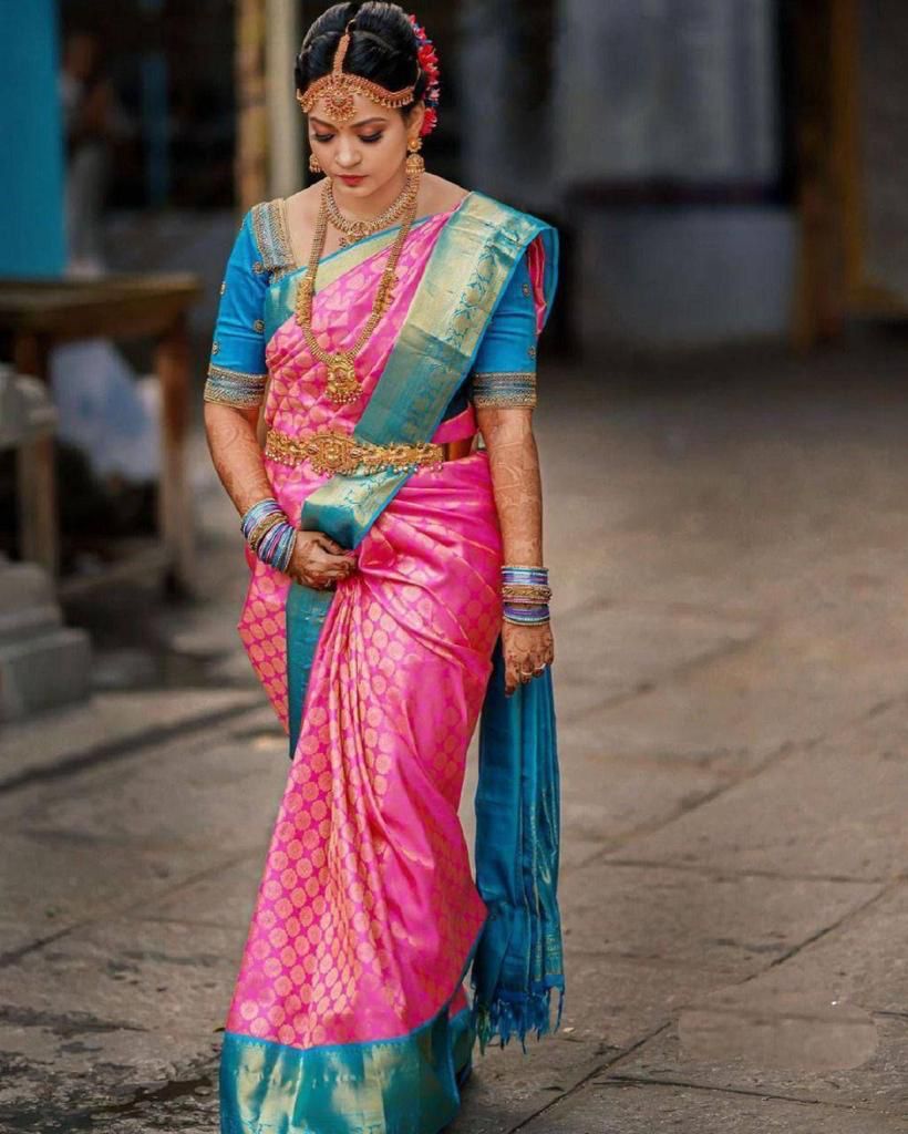 Marvellous Pink Banarasi Silk Saree With Gorgeous Blouse Piece