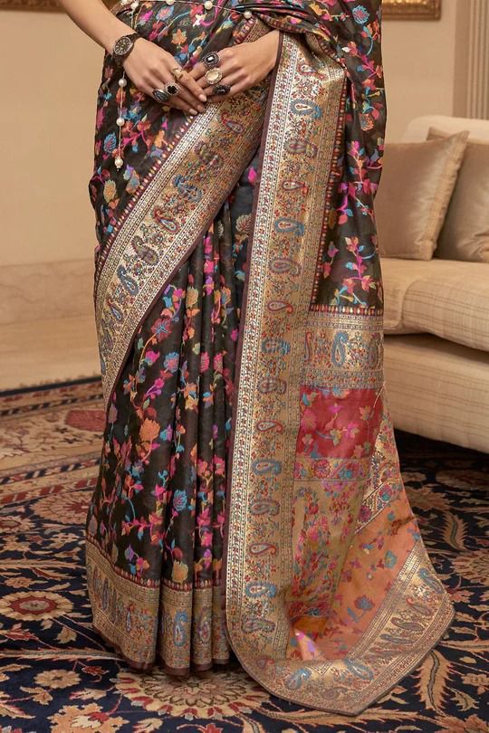 Outstanding Black Kashmiri Weaving Saree With Lovely Blouse Piece
