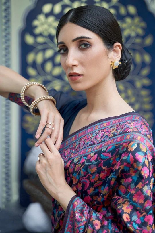 Tempting Blue Kashmiri Weaving Saree With Unique Blouse Piece