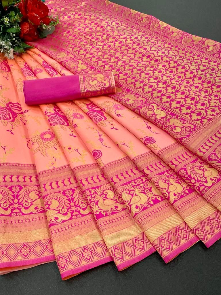 Exclusive Pink Banarasi Silk Saree With Unimpaired Blouse Piece