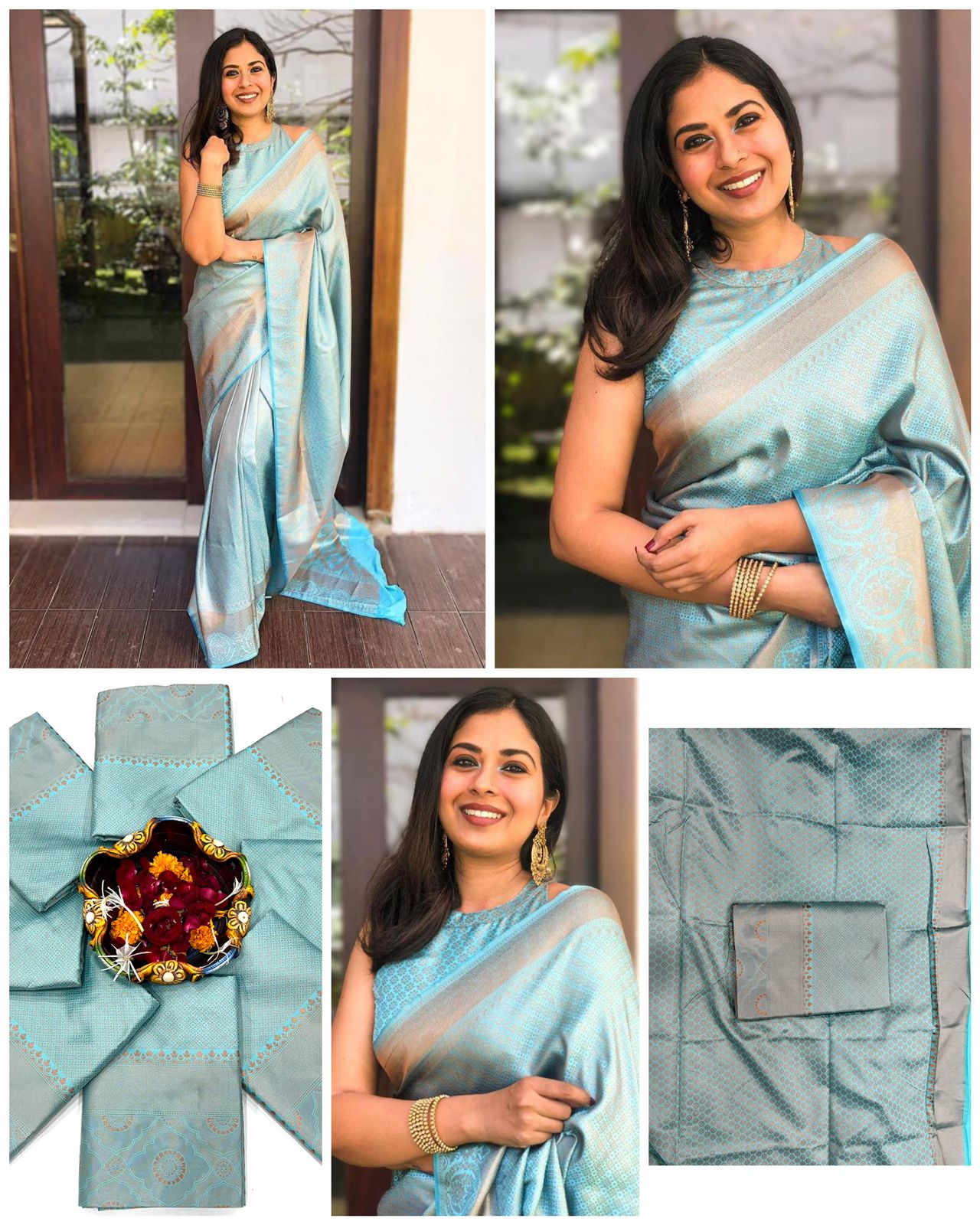 Radiant Firozi Kanjivaram Silk Saree With Delightful Blouse Piece