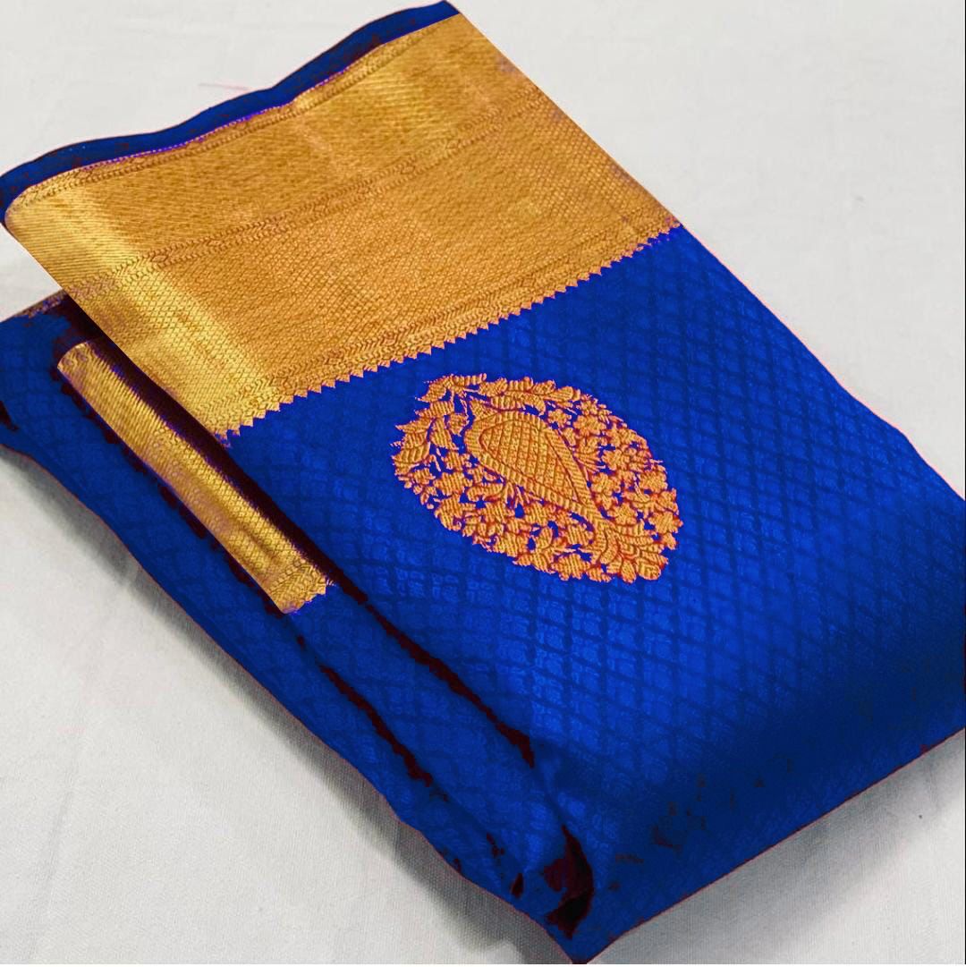 Luxurious Royal Blue Banarasi Silk Saree With Glamourous Blouse Piece