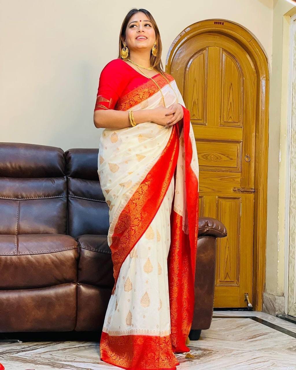 Vibrant White Banarasi Silk Saree With Enigmatic Blouse Piece
