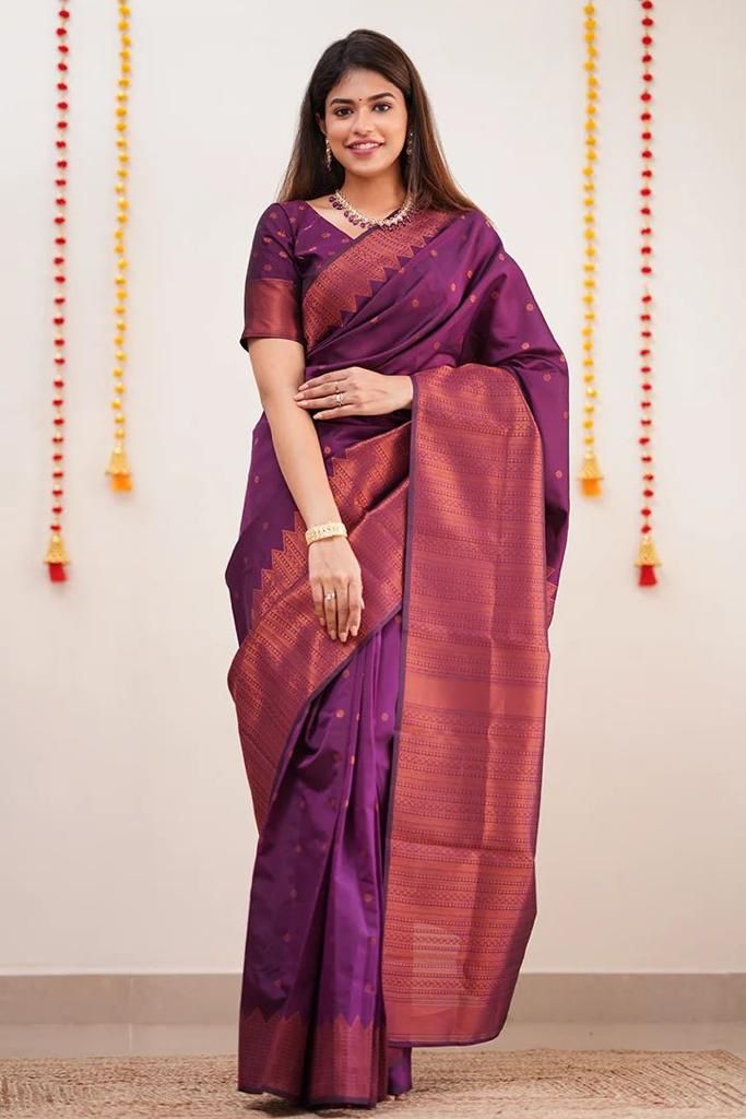 Beautiful Purple Soft Silk Saree With Dazzling Blouse Piece