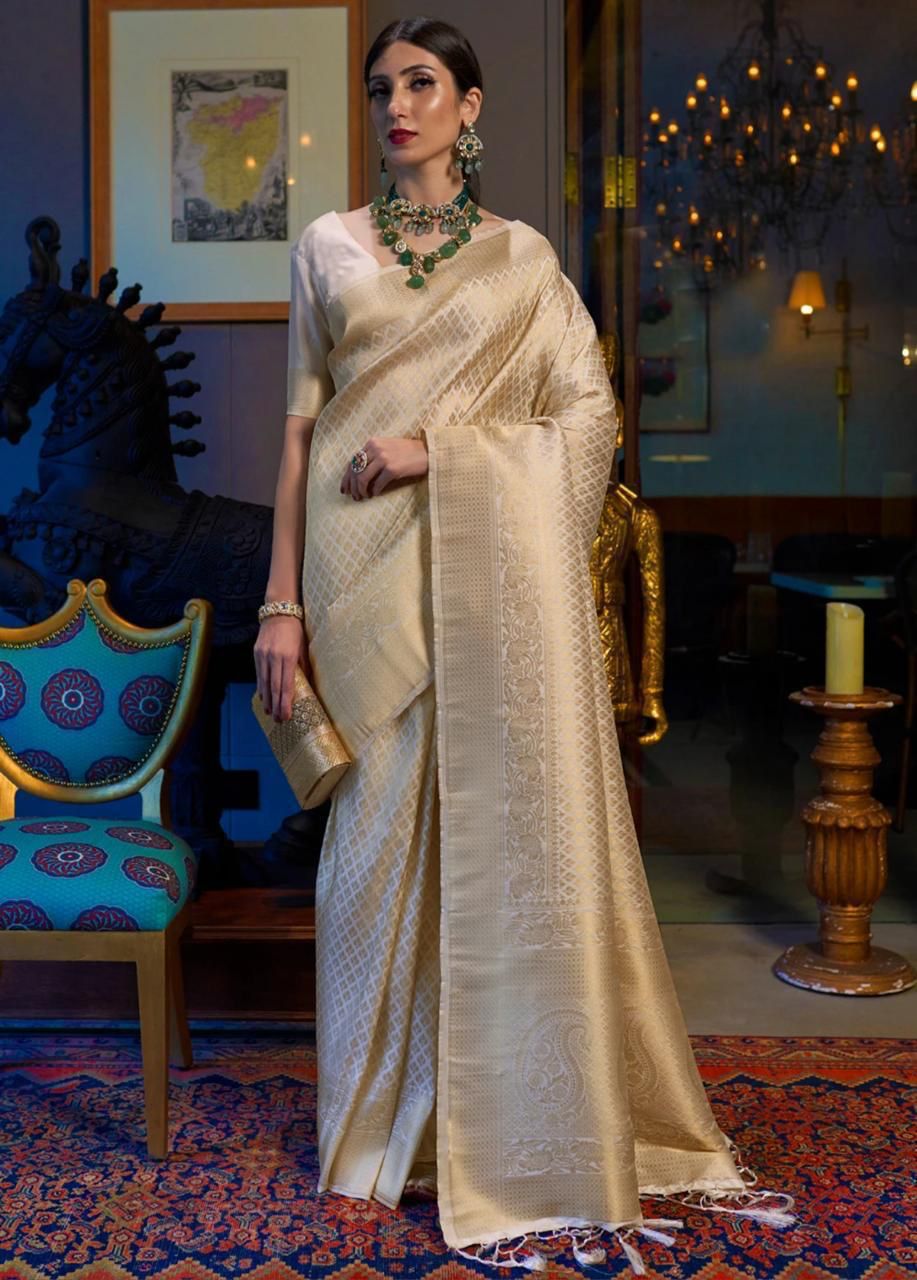 inspiring Beige Kanjivaram Silk Saree With Timeless Blouse Piece