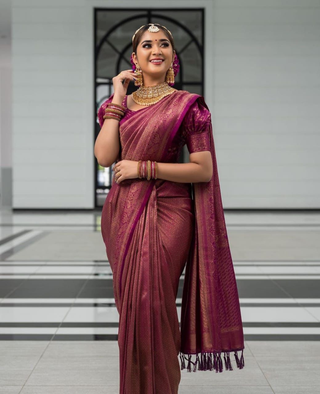 Marvellous Wine Kanjivaram Silk Saree With Brilliant Blouse Piece