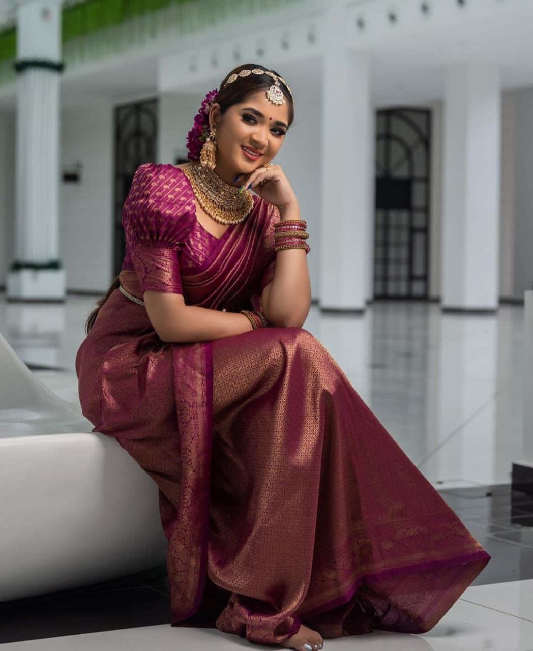 Marvellous Wine Kanjivaram Silk Saree With Brilliant Blouse Piece