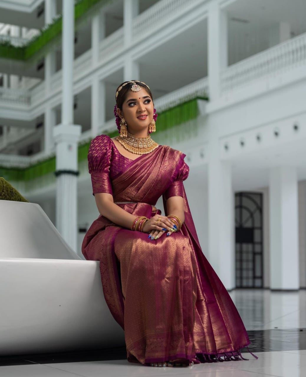 Marvellous Wine Kanjivaram Silk Saree With Brilliant Blouse Piece