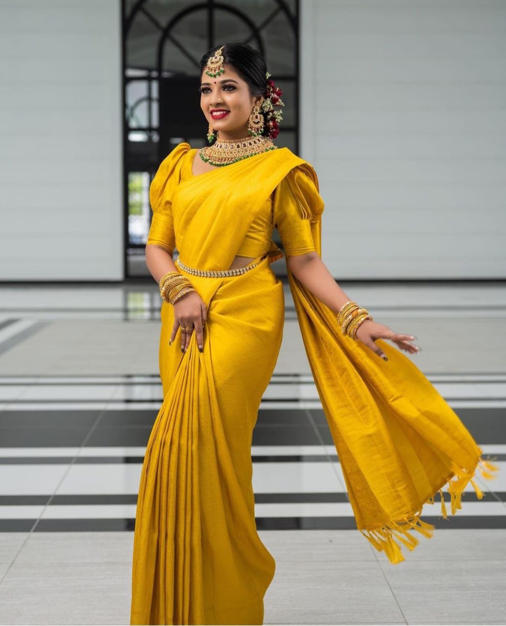 Superb Yellow Kanjivaram Silk Saree With Gorgeous Blouse Piece
