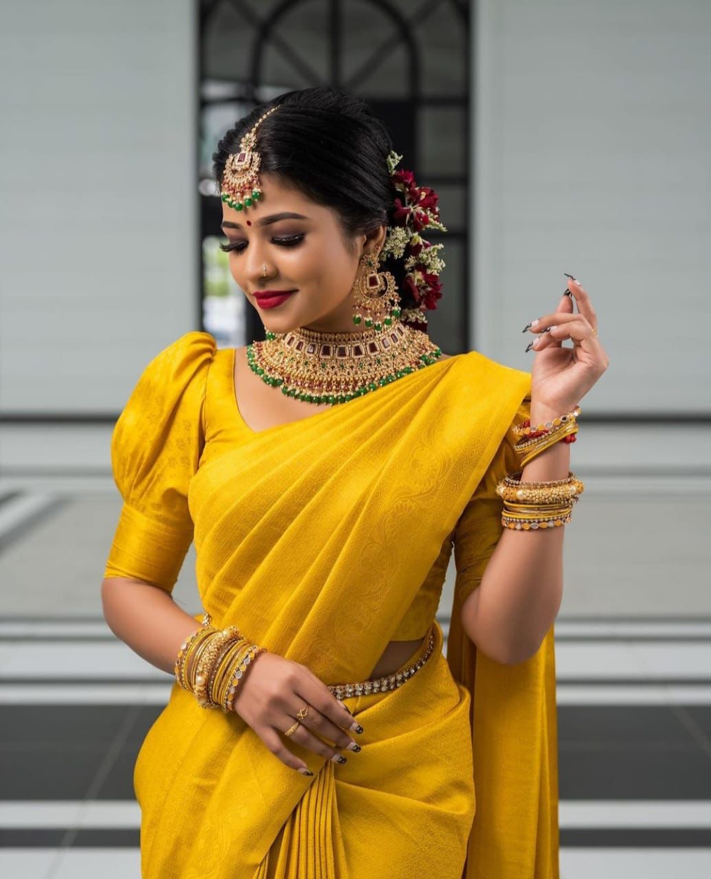 Superb Yellow Kanjivaram Silk Saree With Gorgeous Blouse Piece