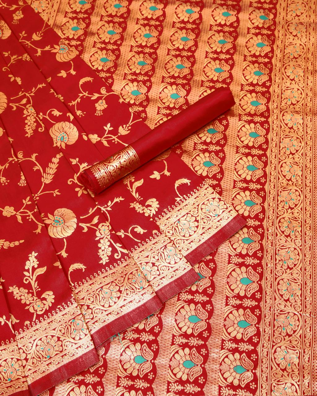 Beauteous Red Banarasi Silk Saree With Radiant Blouse Piece