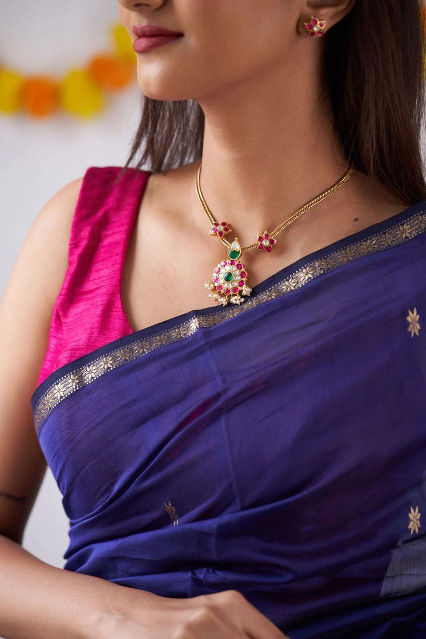 Attractive Blue Cotton Silk Saree With Lovely Blouse Piece