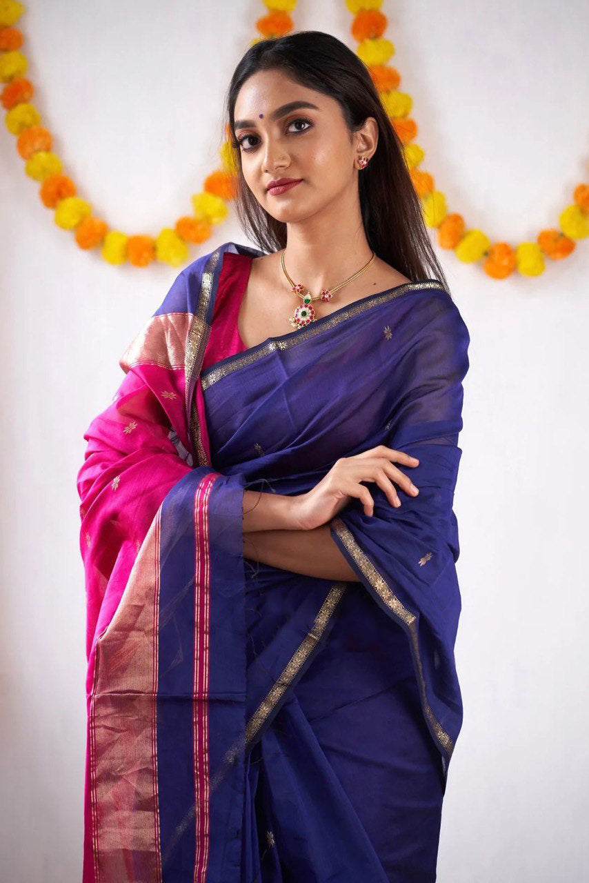 Attractive Blue Cotton Silk Saree With Lovely Blouse Piece