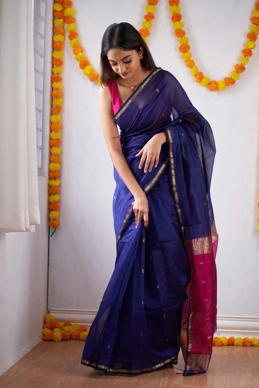 Attractive Blue Cotton Silk Saree With Lovely Blouse Piece
