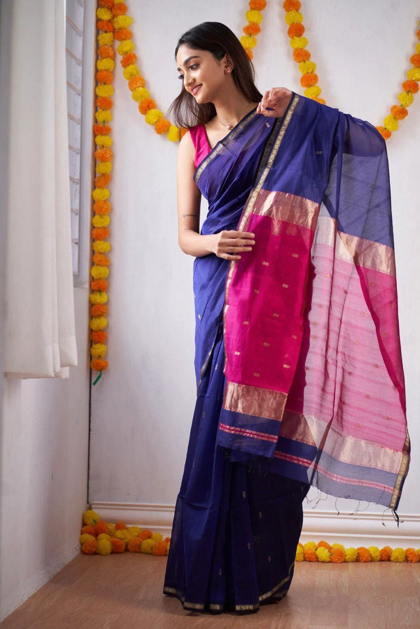 Attractive Blue Cotton Silk Saree With Lovely Blouse Piece
