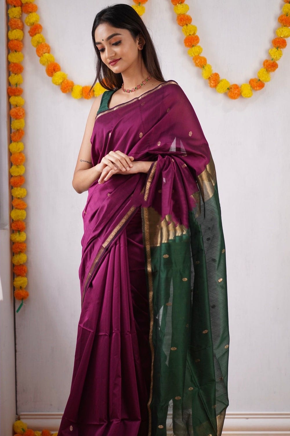 Attractive Dark Pink Cotton Silk Saree With Lovely Blouse Piece