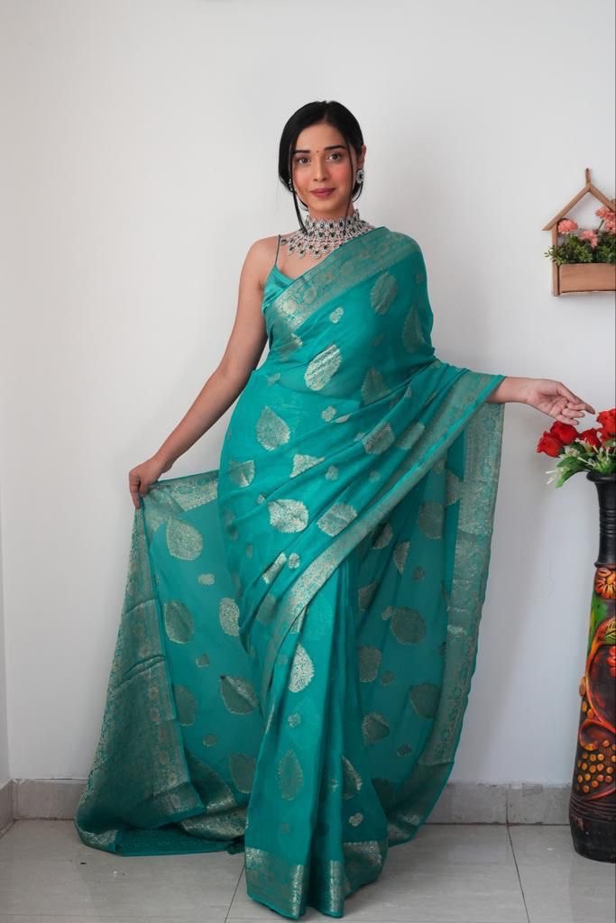 Sonorous 1-Minute Ready To Wear Sea Green Soft Silk Saree