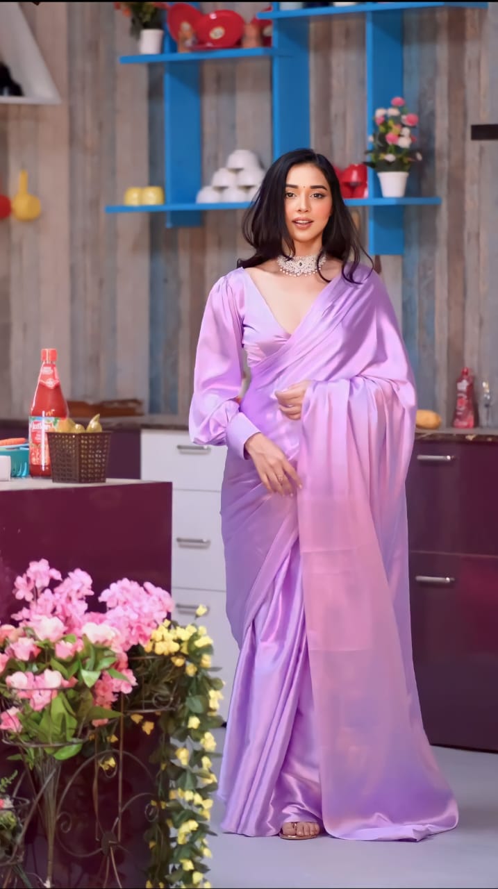 Merciful 1-Minute Ready To Wear Lavender Soft Satin Silk Saree
