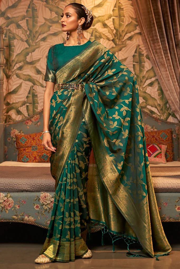 Tranquilizing Rama Soft Silk Saree With Placid Blouse Piece