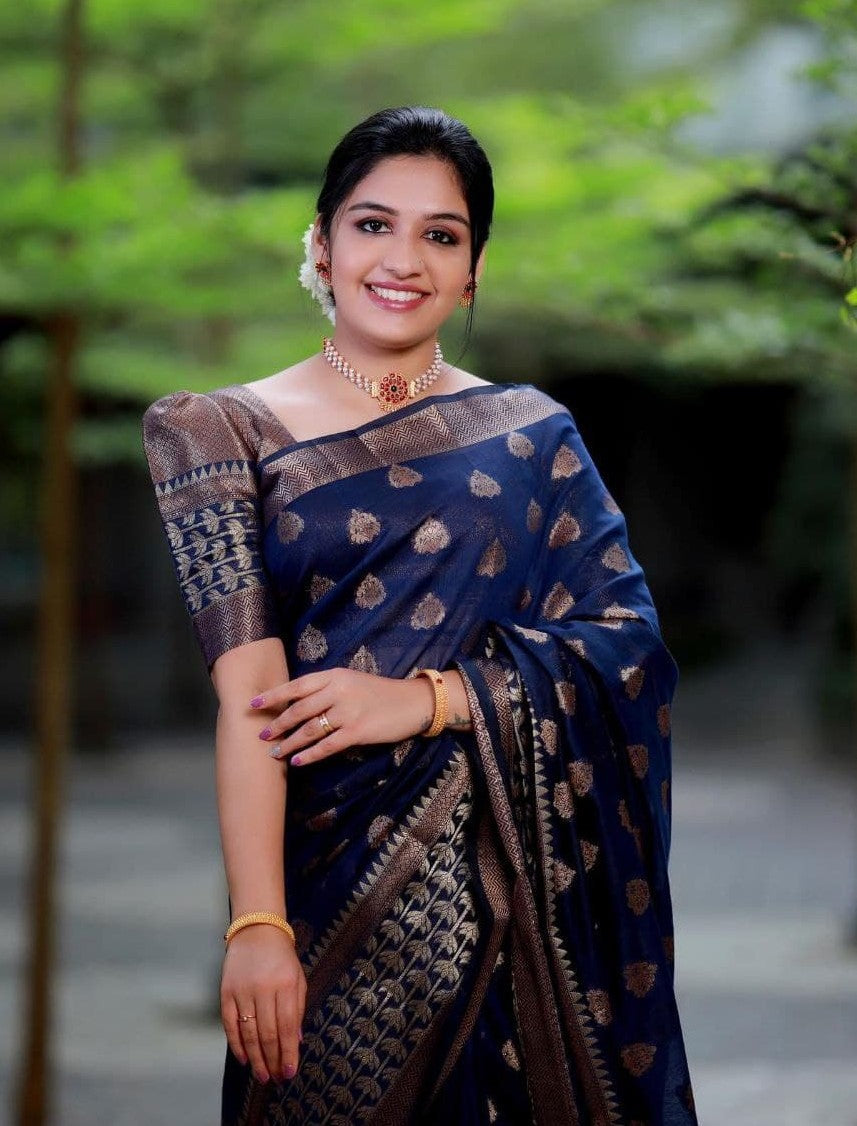 Smooth Navy Blue Soft Silk Saree With Satisfying Blouse Piece
