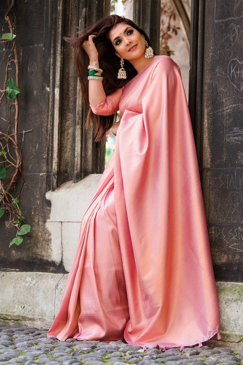 Spellbound Peach Soft Silk Saree With Precious Blouse Piece