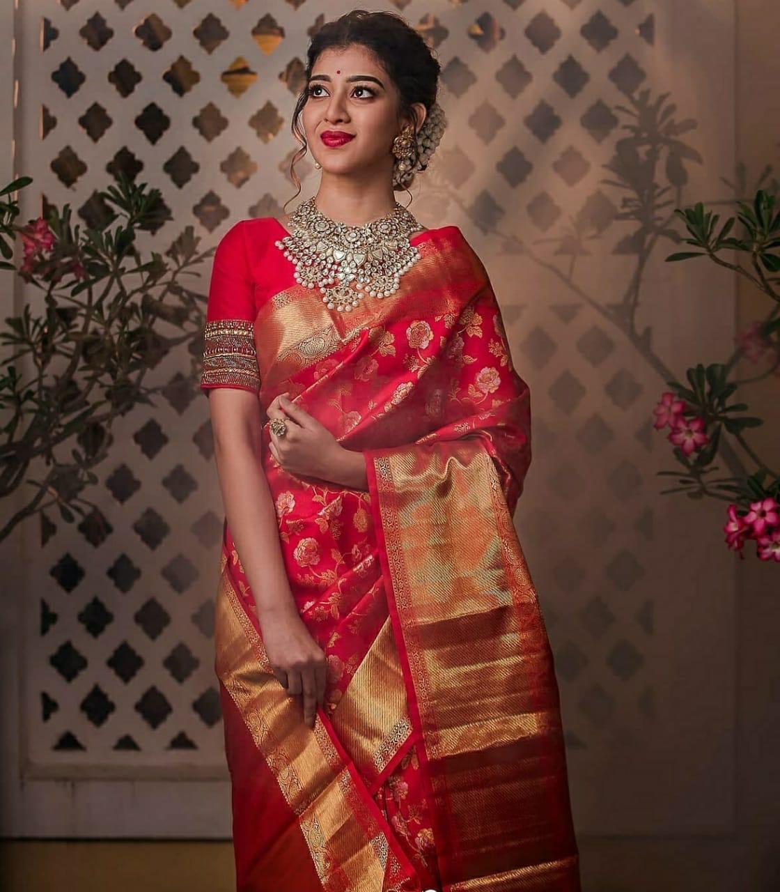 Virtuosity Red Soft Silk Saree With Glintingly Blouse Piece