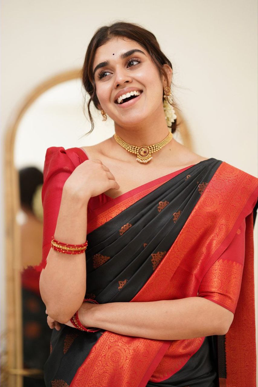 Sovereign Black Soft Silk Saree With Dignified Blouse Piece