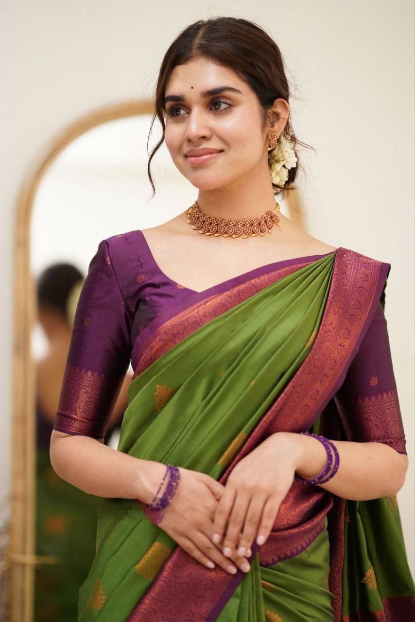 Stately Mehndi Soft Silk Saree With Dignified Blouse Piece