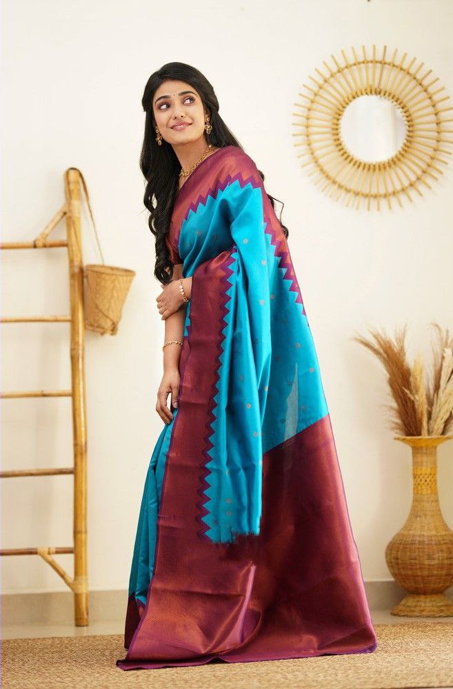 Articulate Firozi Soft Silk Saree With Supreme Blouse Piece