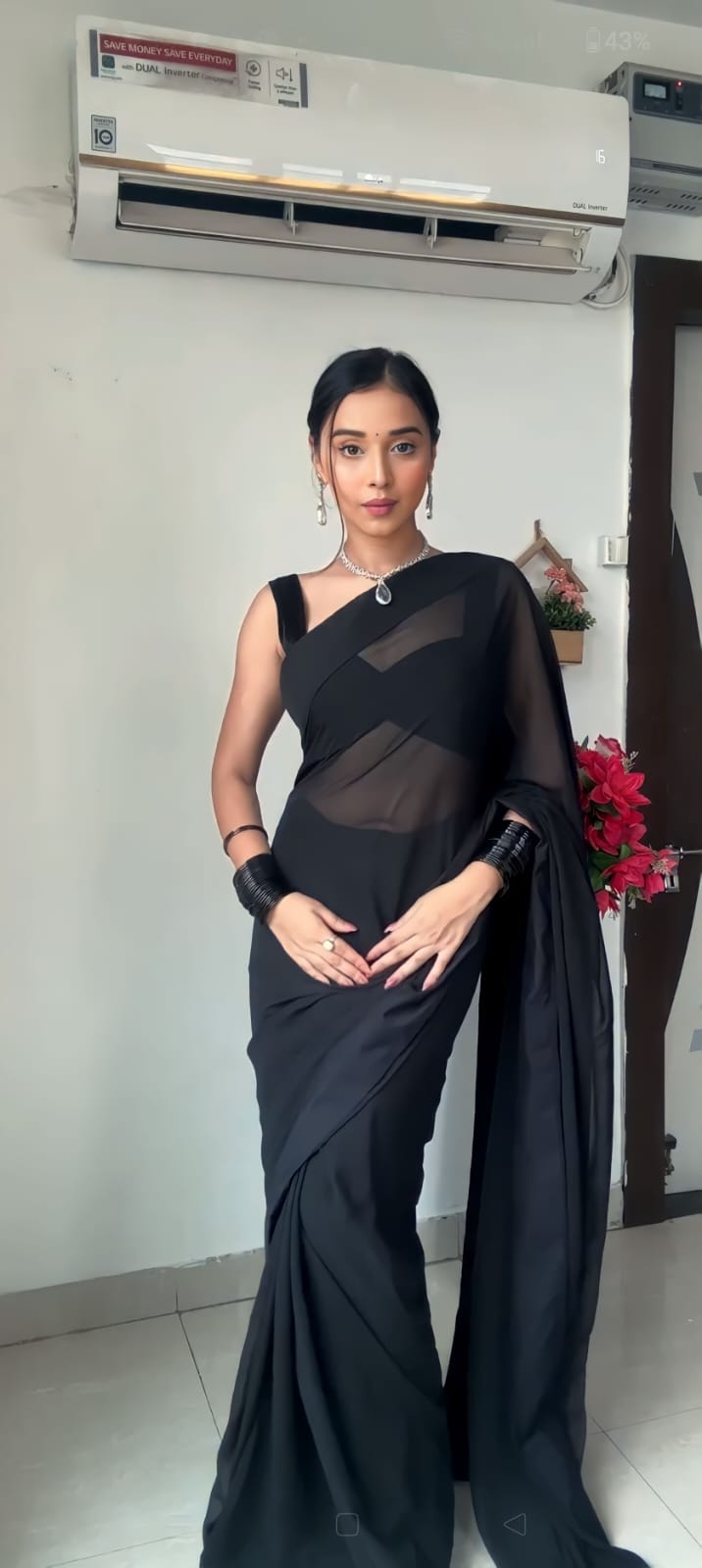 Wonderfully 1-Minute Ready To Wear Black Georgette Saree