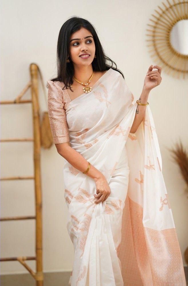 Beguiling White Soft Silk Saree With Brilliance Blouse Piece